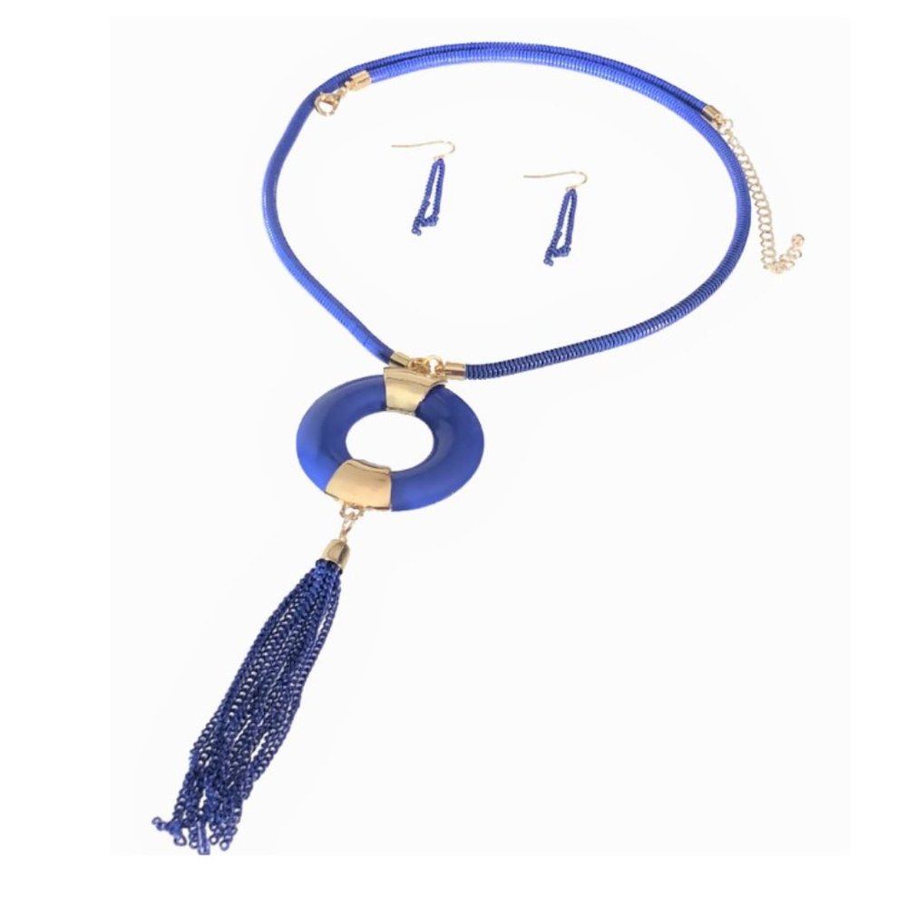 Blue and Goldtone Circle Drop Tassel Long Necklace & Earring Set